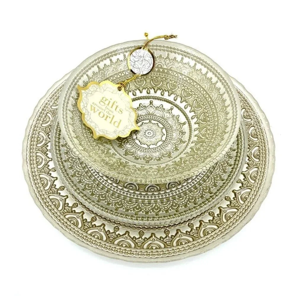TURKISH GLASS White Entrée Plates Hand Painted Gold Lace Set of 4 NWT Glass
